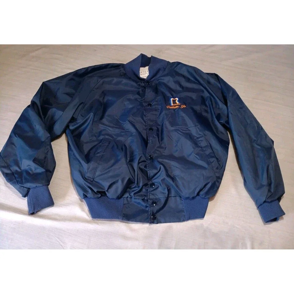Vintage 80s Artex Roadway Valdosta Ga Satin Bomber Jacket Size Large Blue USA
